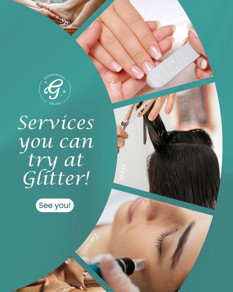 Glitter Professional Salon service collage featuring nails, hair, spa, and facial care
